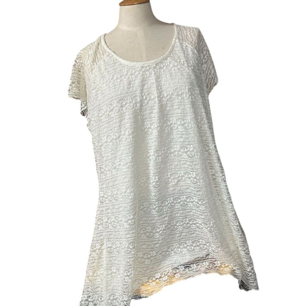 Indigo Soul Women's 2XL White Lace Tunic Top Scoop Neck Short Sleeve Plus
